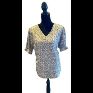 Peasant Blouse Plus Size 2XL Green Print Top Ruffle Elastic Sleeve V Neck Soft